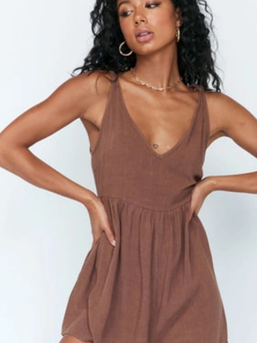 Princess Polly Tessa Romper Brown With Tie Strap Details Linen Blend Size 4 - Picture 2 of 8